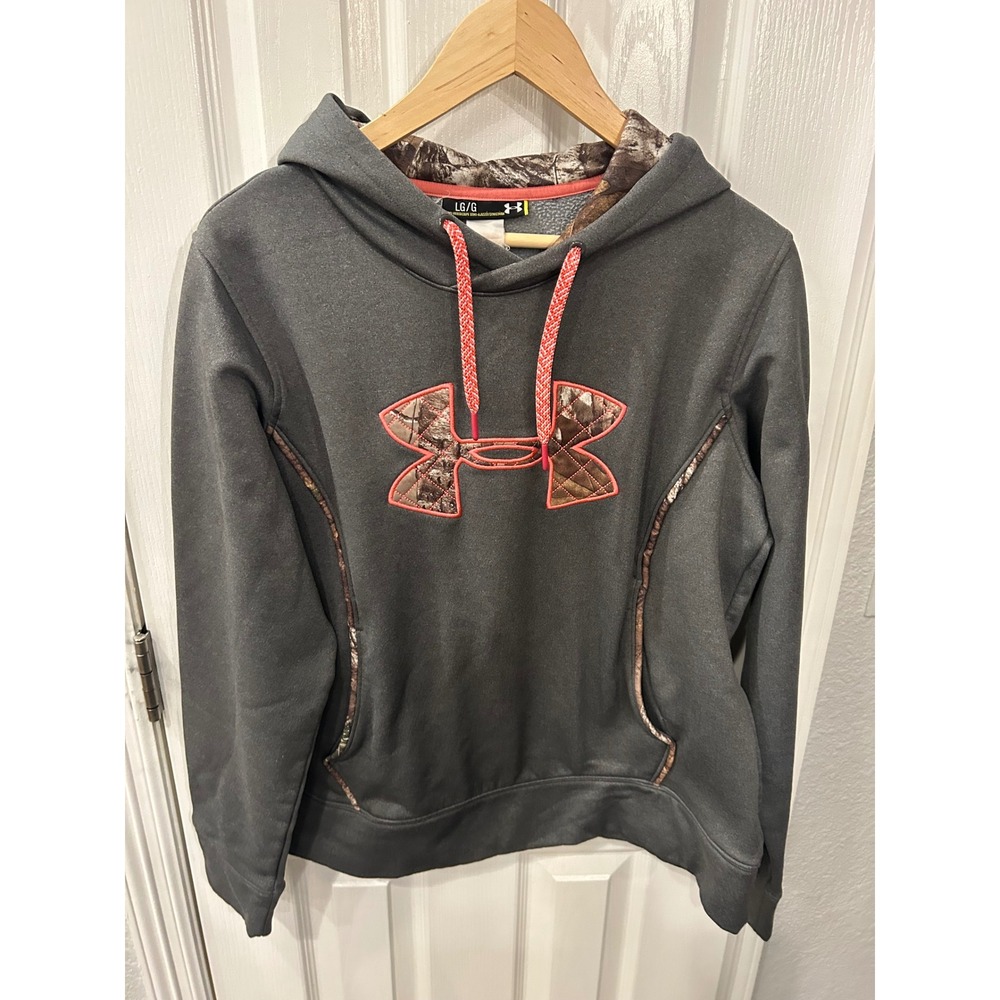 Under Armour Hoodie Grey Camo Logo Coral Pink Accents Fleece Pullover Sweatshirt